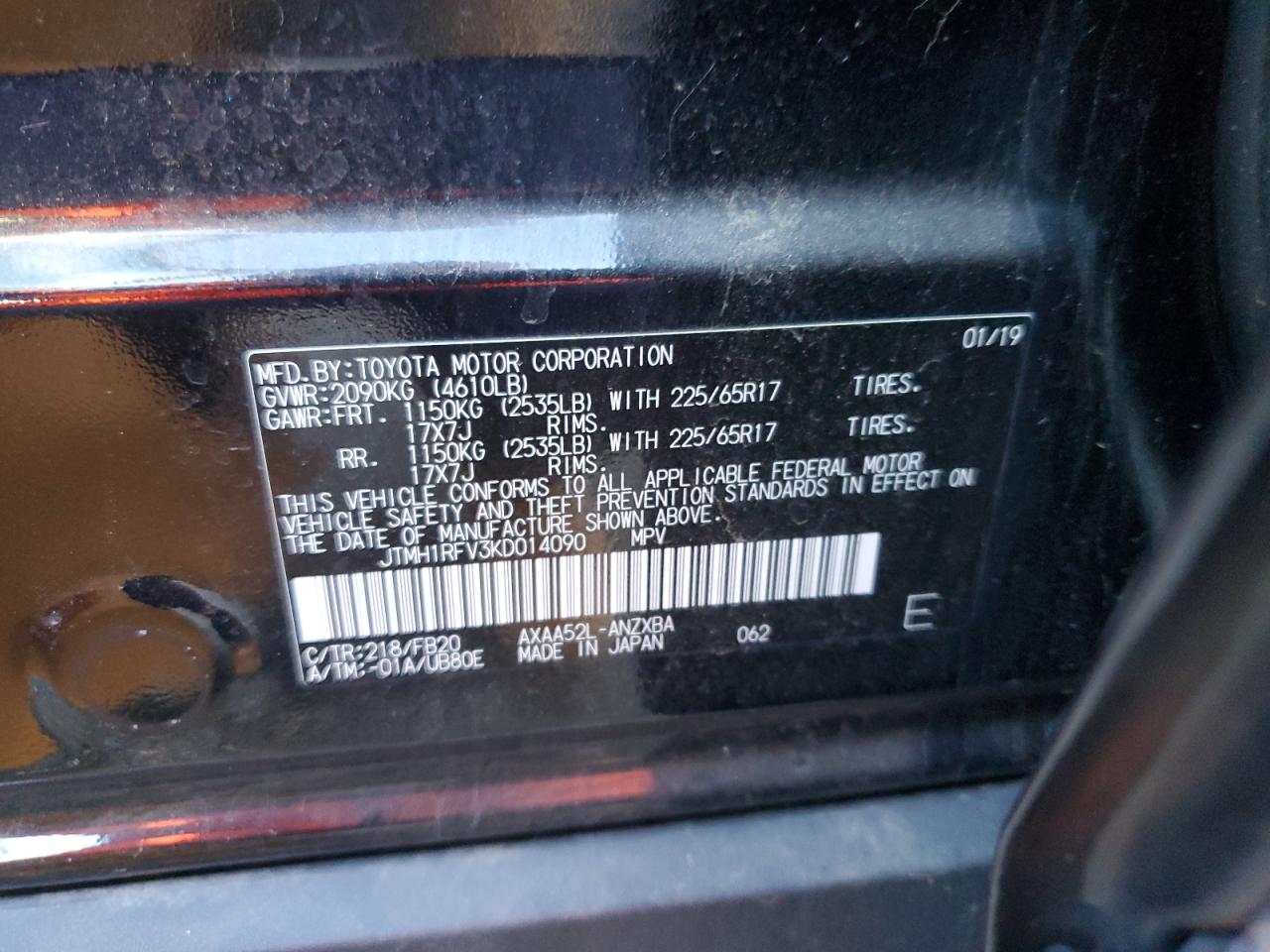 2019 Toyota Rav4 Le VIN: JTMH1RFV3KD014090 Lot: 85178345