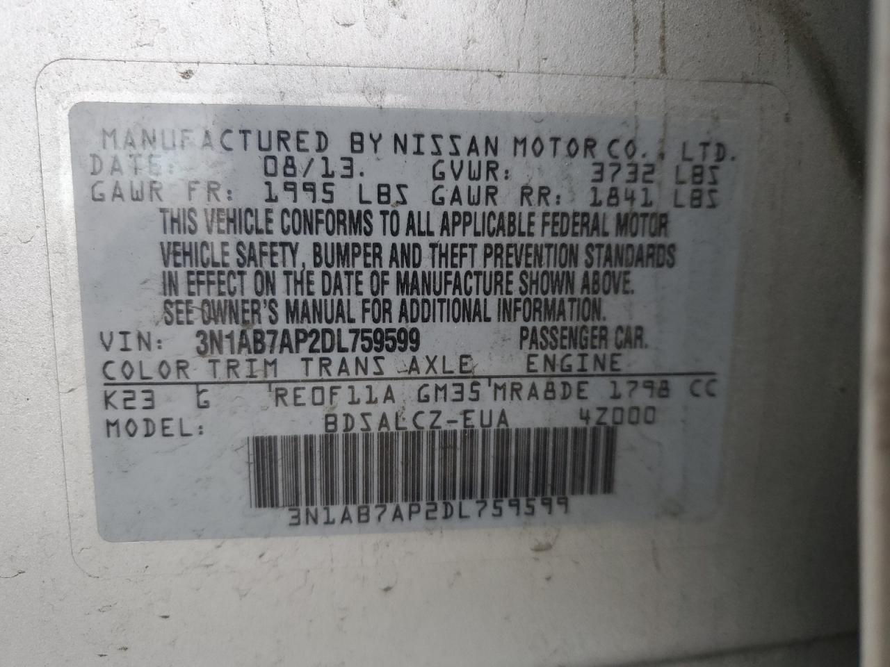 2013 Nissan Sentra S VIN: 3N1AB7AP2DL759599 Lot: 81851725