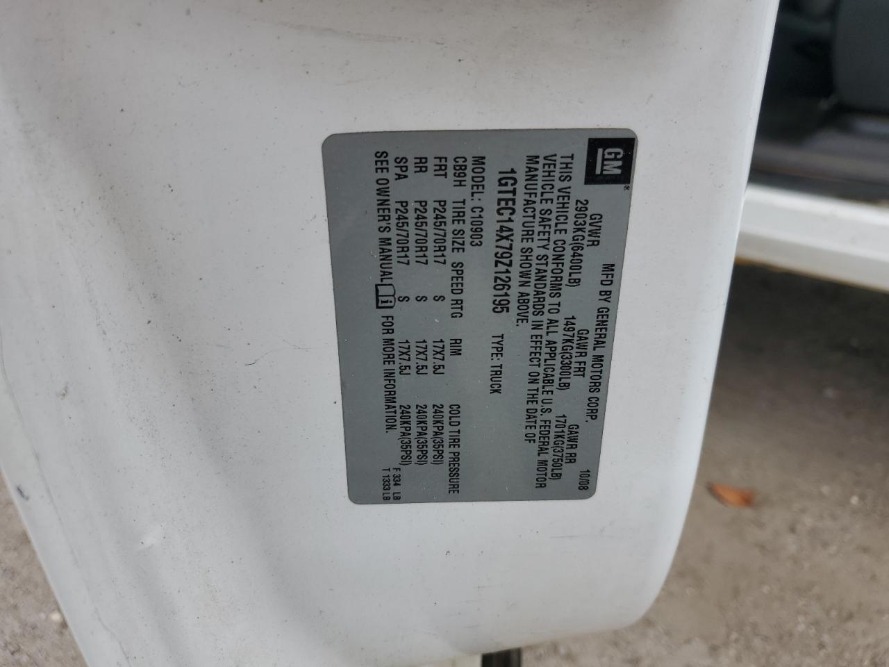 2009 GMC Sierra C1500 VIN: 1GTEC14X79Z126195 Lot: 85842445