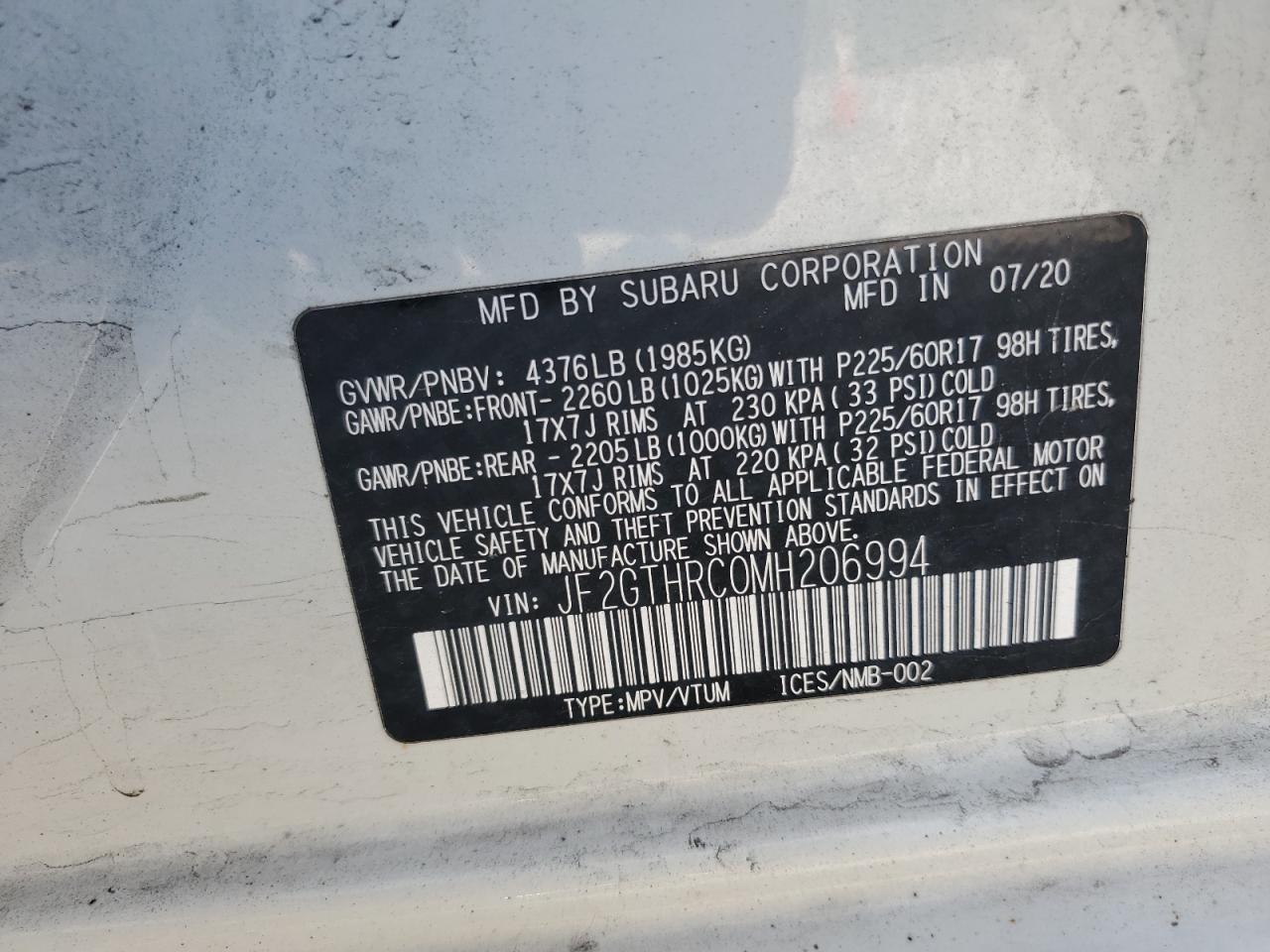 2021 Subaru Crosstrek Sport VIN: JF2GTHRC0MH206994 Lot: 84922605