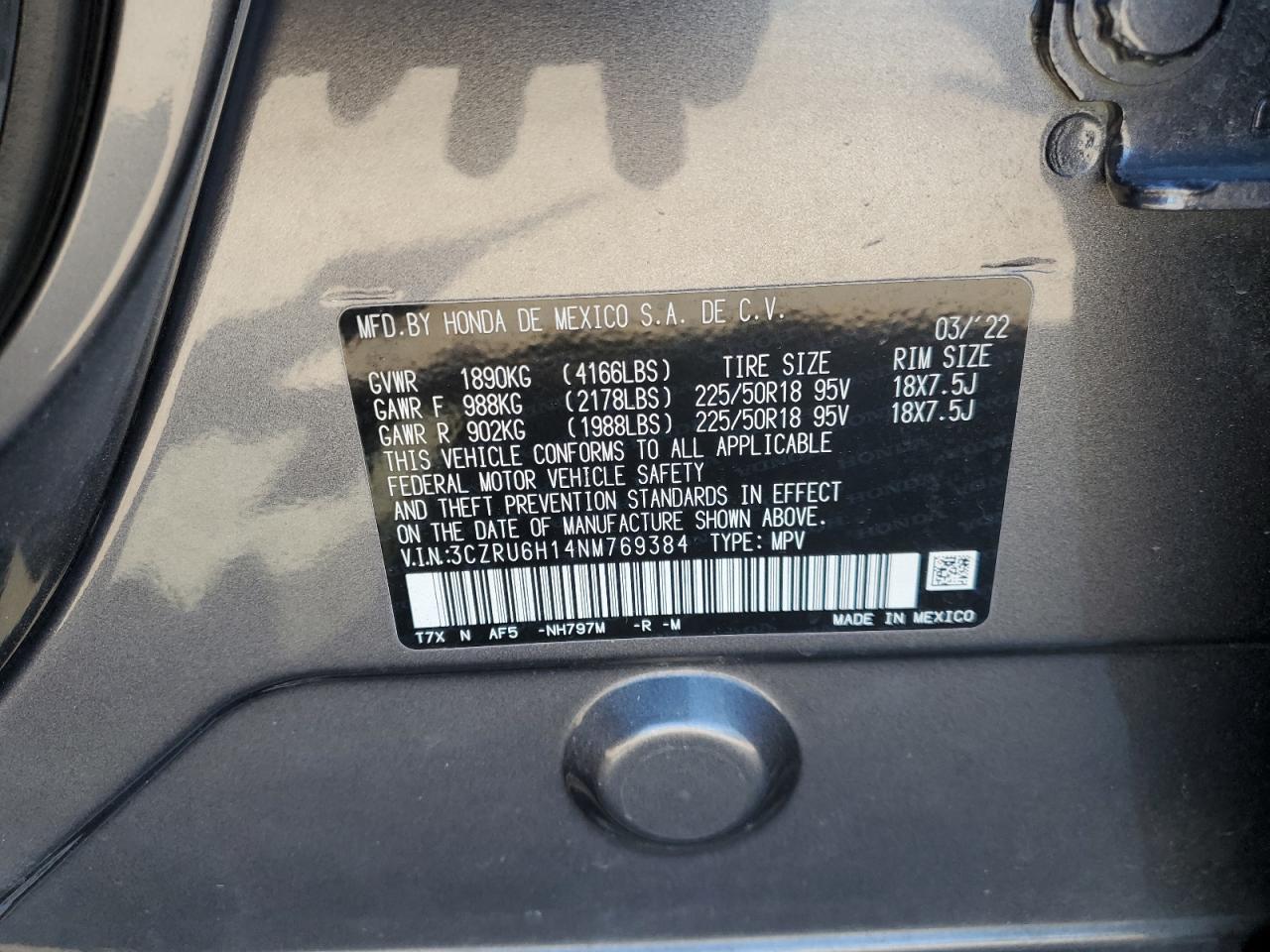 2022 Honda Hr-V Sport VIN: 3CZRU6H14NM769384 Lot: 84587435