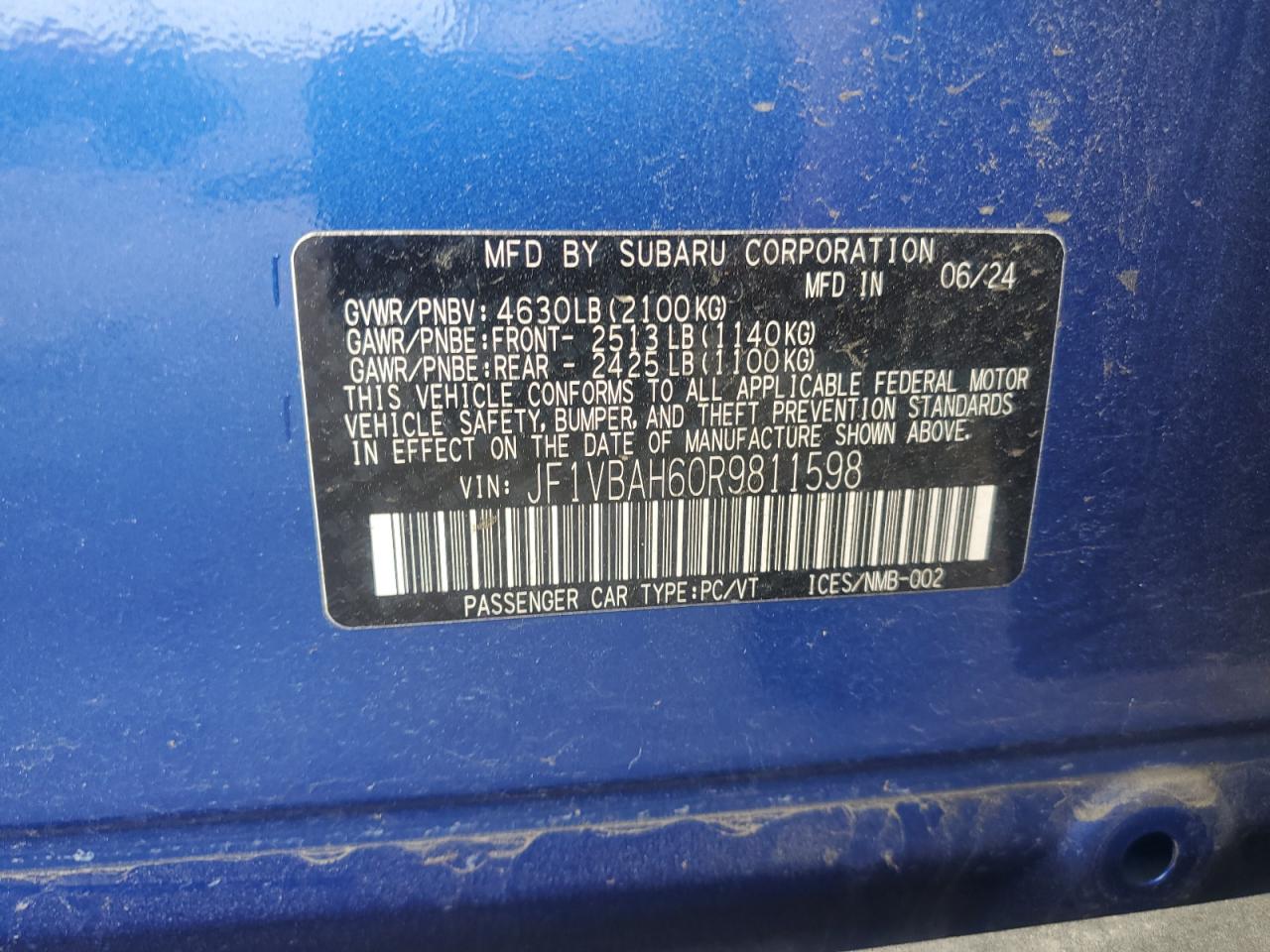 2024 Subaru Wrx Premium VIN: JF1VBAH60R9811598 Lot: 82272655