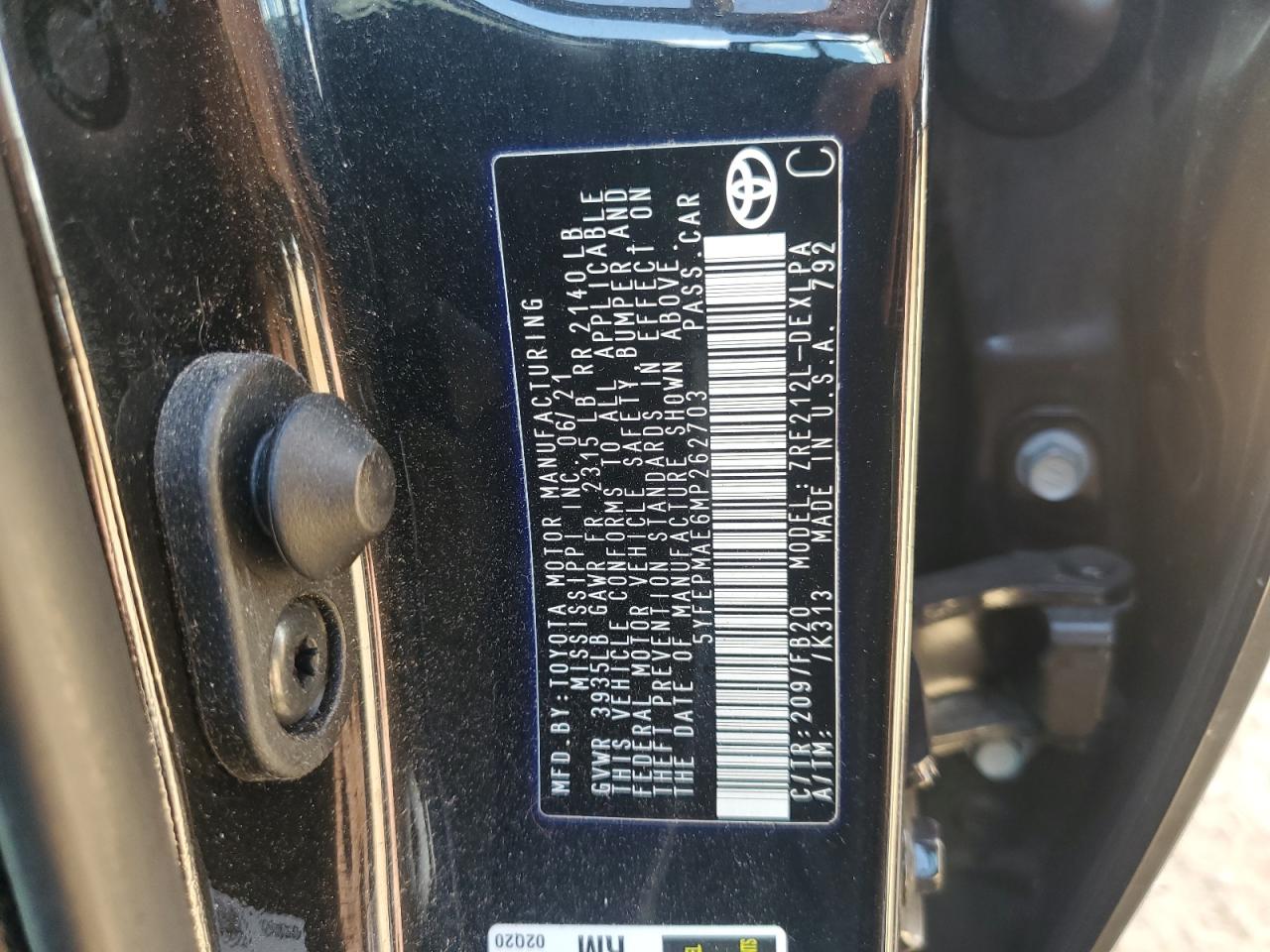 2021 Toyota Corolla Le VIN: 5YFEPMAE6MP262703 Lot: 85266165