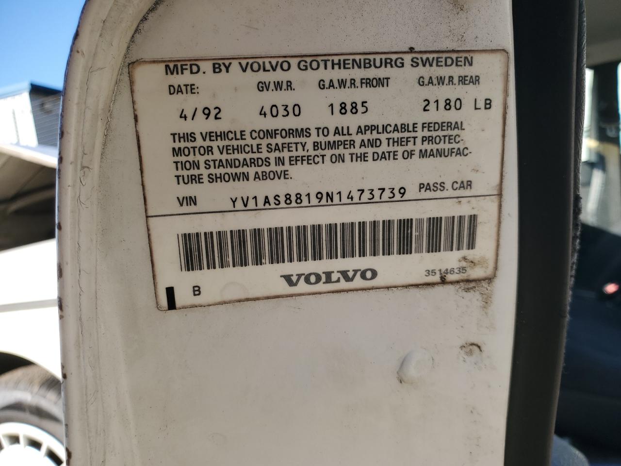 1992 Volvo 240 Base VIN: YV1AS8819N1473739 Lot: 86154505