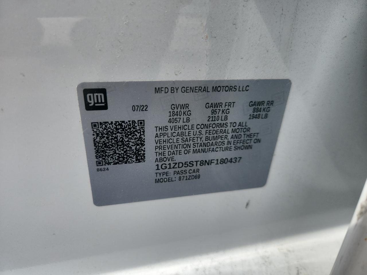 2022 Chevrolet Malibu Lt VIN: 1G1ZD5ST8NF180437 Lot: 84837345