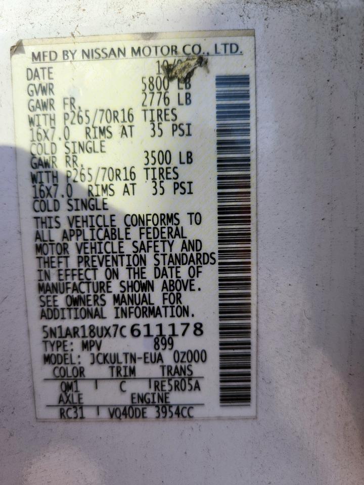 2007 Nissan Pathfinder Le VIN: 5N1AR18UX7C611178 Lot: 85007685