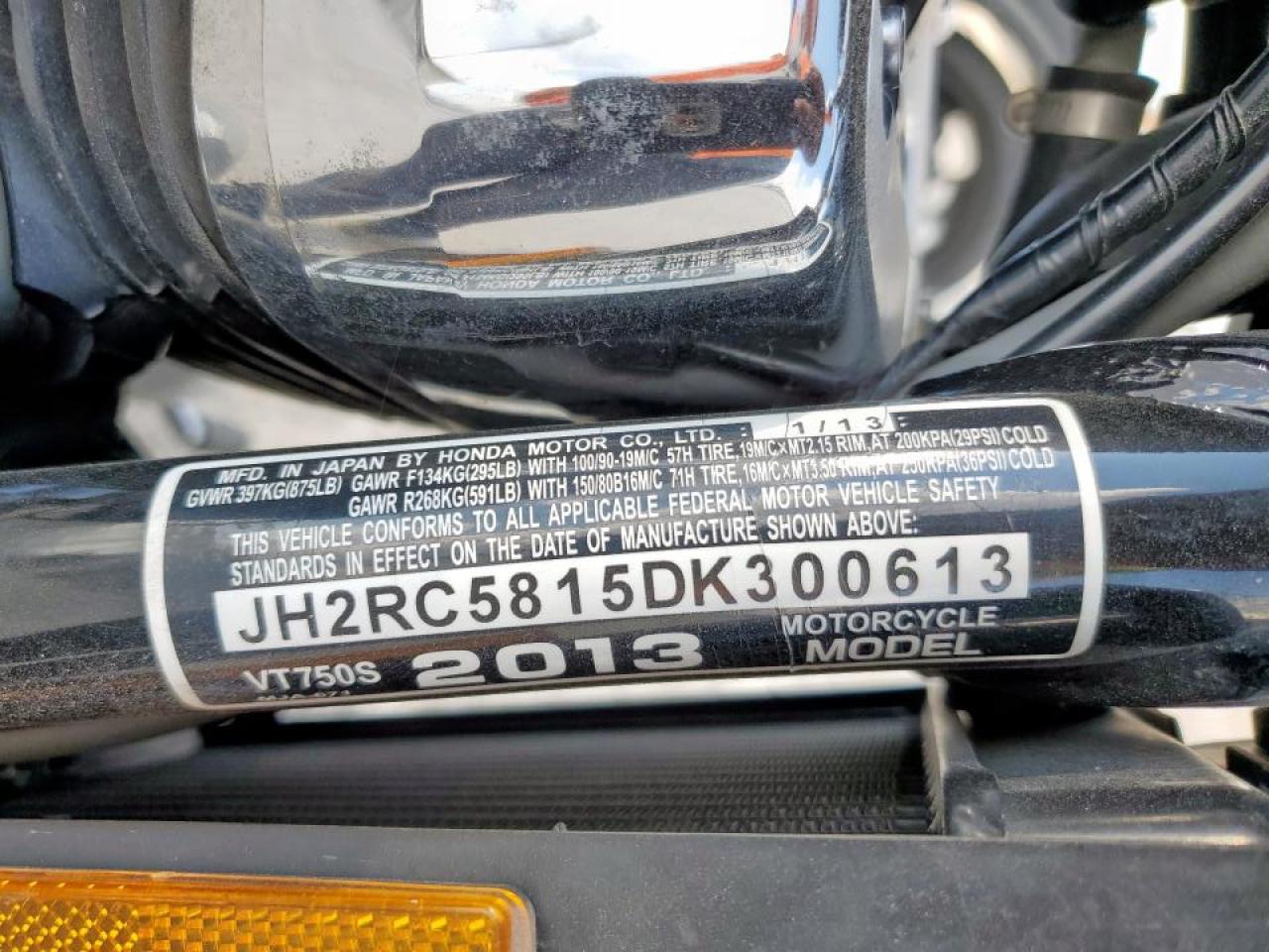 2013 Honda Vt750 S VIN: JH2RC5815DK300613 Lot: 85169045