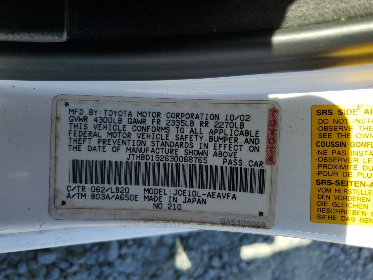 2003 Lexus Is 300 VIN: JTHBD192630068765 Lot: 82196165