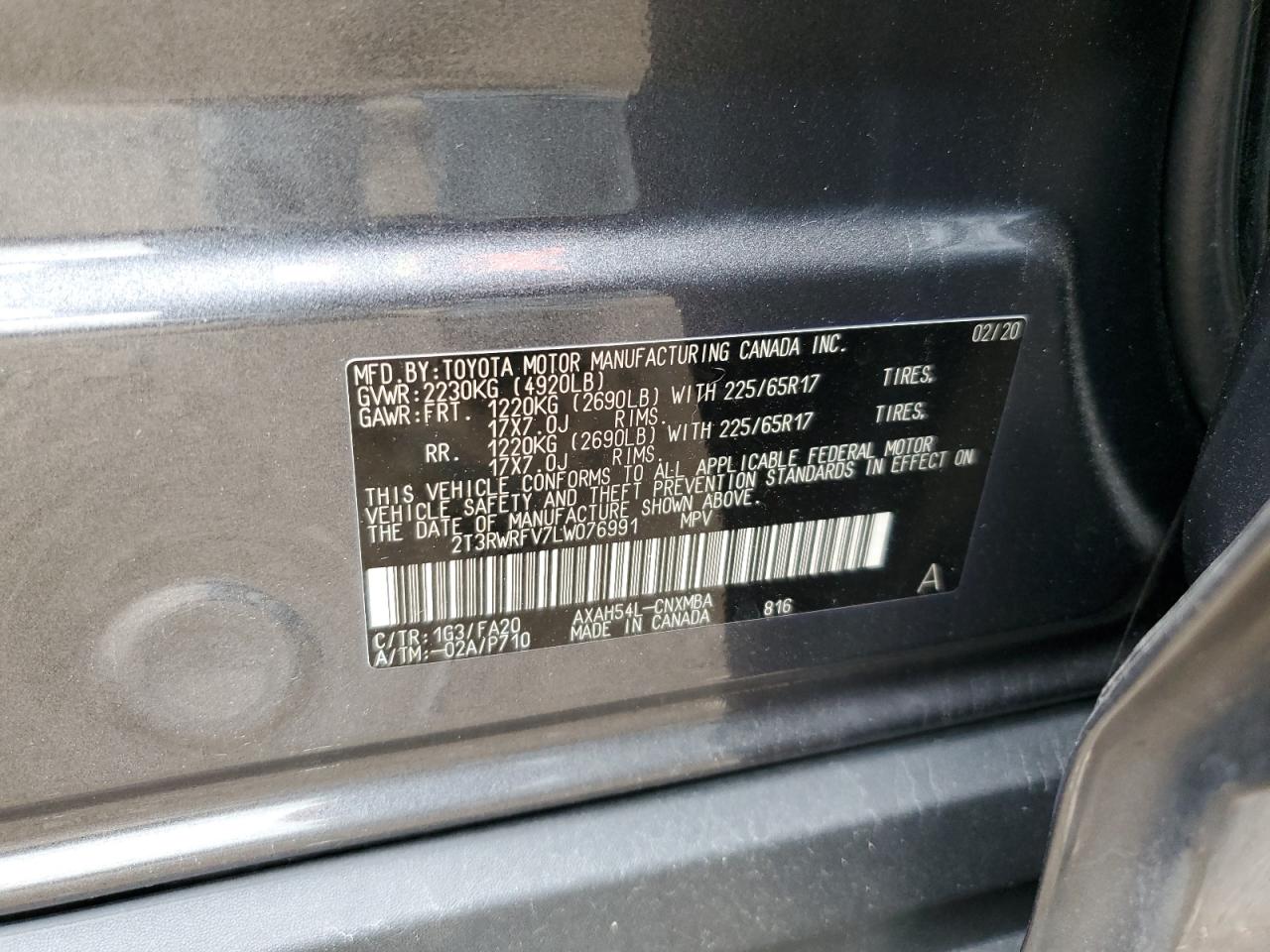 2020 Toyota Rav4 Xle VIN: 2T3RWRFV7LW076991 Lot: 85503775