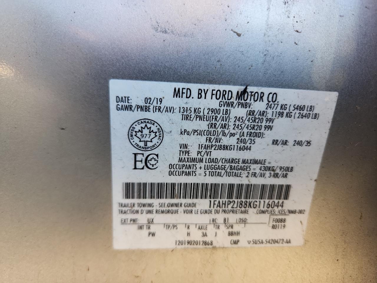 2019 Ford Taurus Limited VIN: 1FAHP2J88KG116044 Lot: 86790765