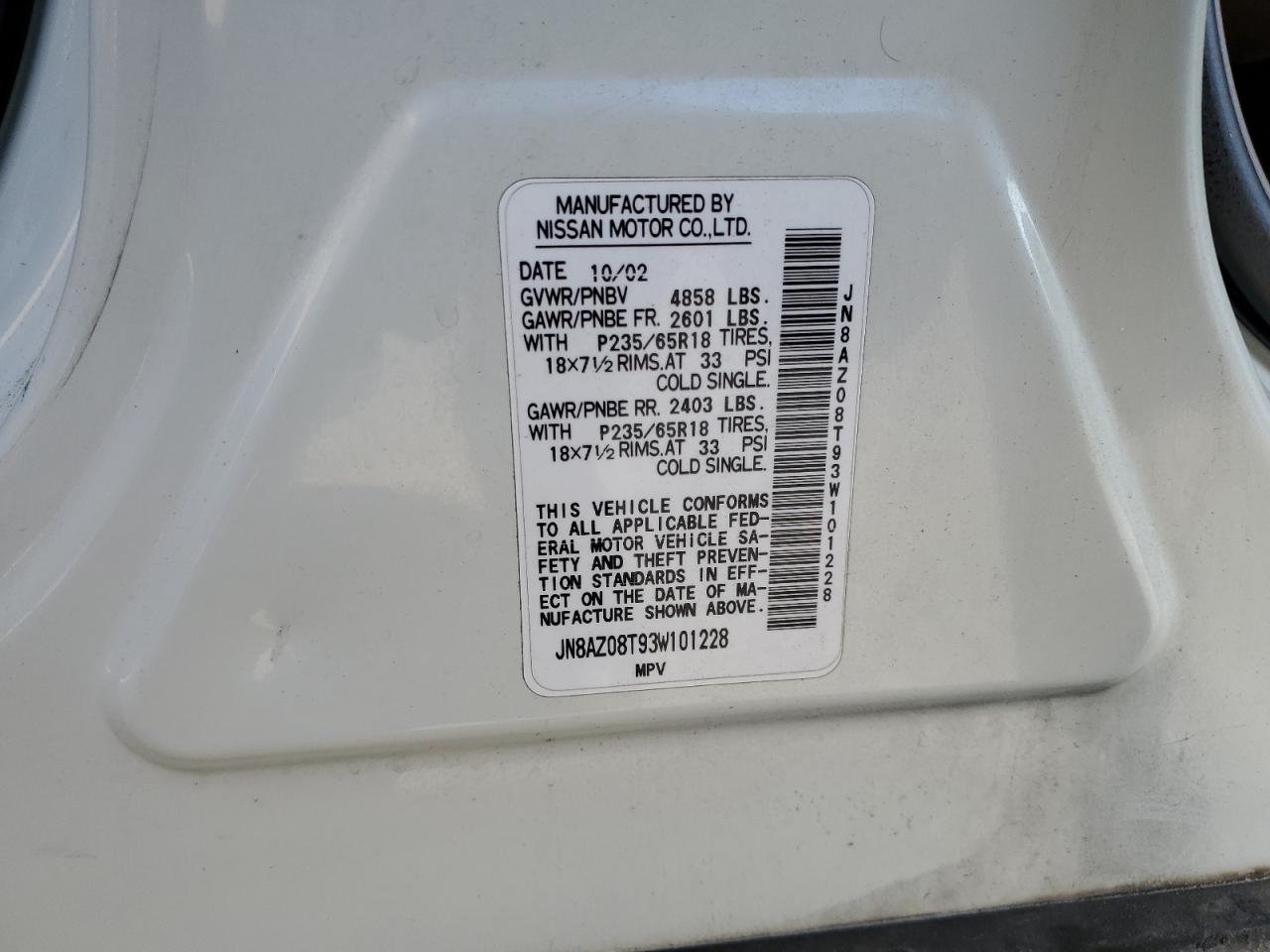 2003 Nissan Murano Sl VIN: JN8AZ08T93W101228 Lot: 84961145