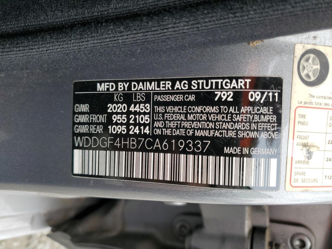 2012 Mercedes-Benz C 250 VIN: WDDGF4HB7CA619337 Lot: 86143685