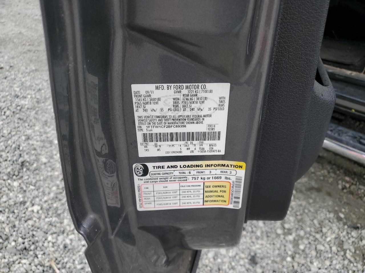 2011 Ford F150 Supercrew VIN: 1FTFW1CF2BFC69356 Lot: 85782555