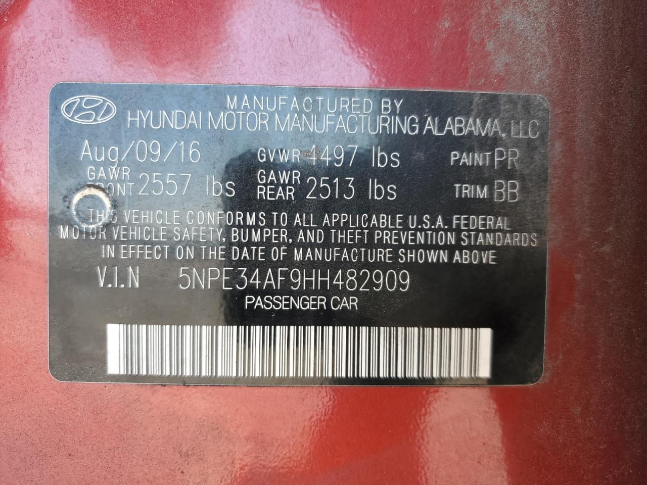 2017 Hyundai Sonata Sport VIN: 5NPE34AF9HH482909 Lot: 85651655