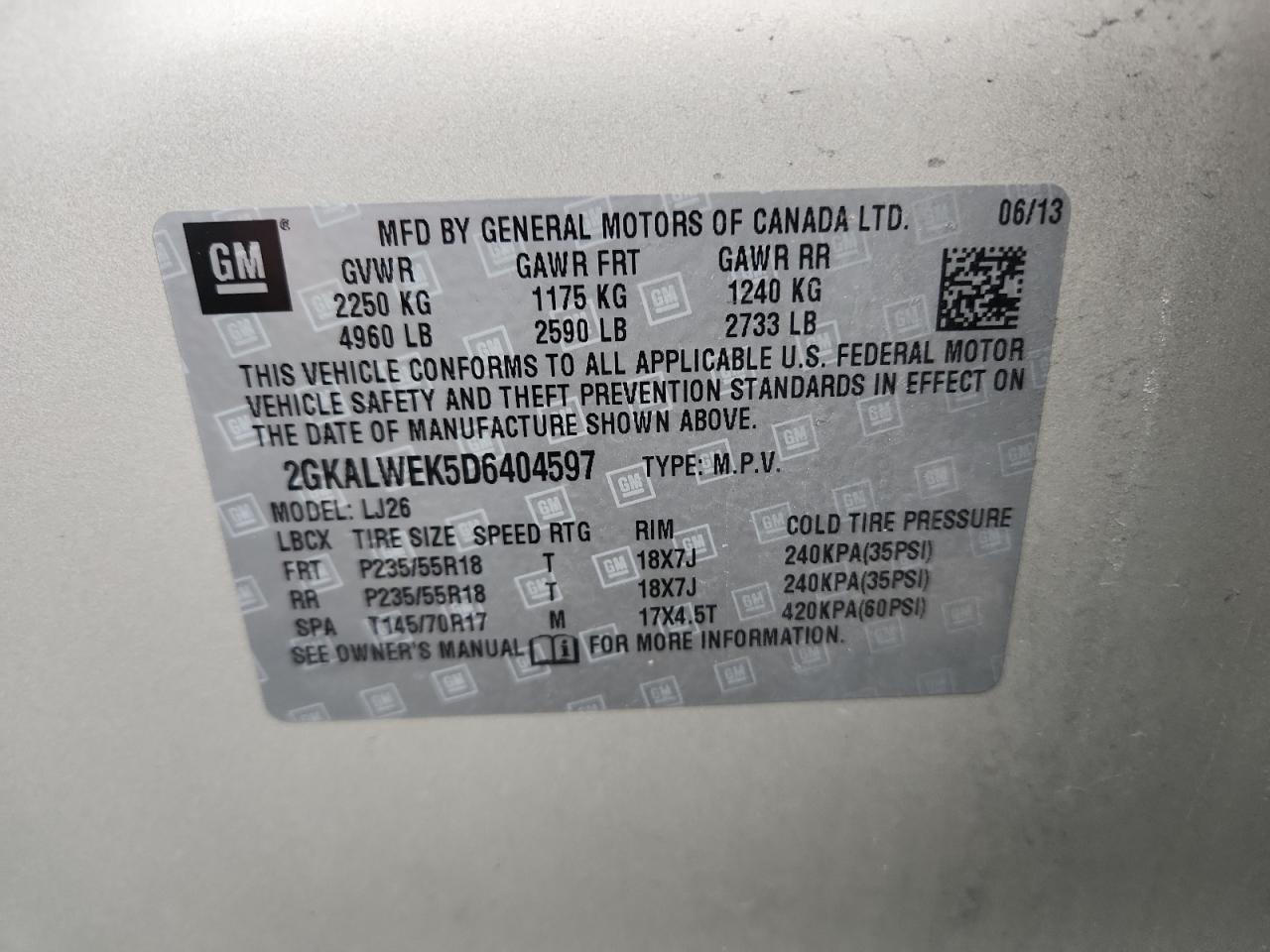 2013 GMC Terrain Slt VIN: 2GKALWEK5D6404597 Lot: 89436965