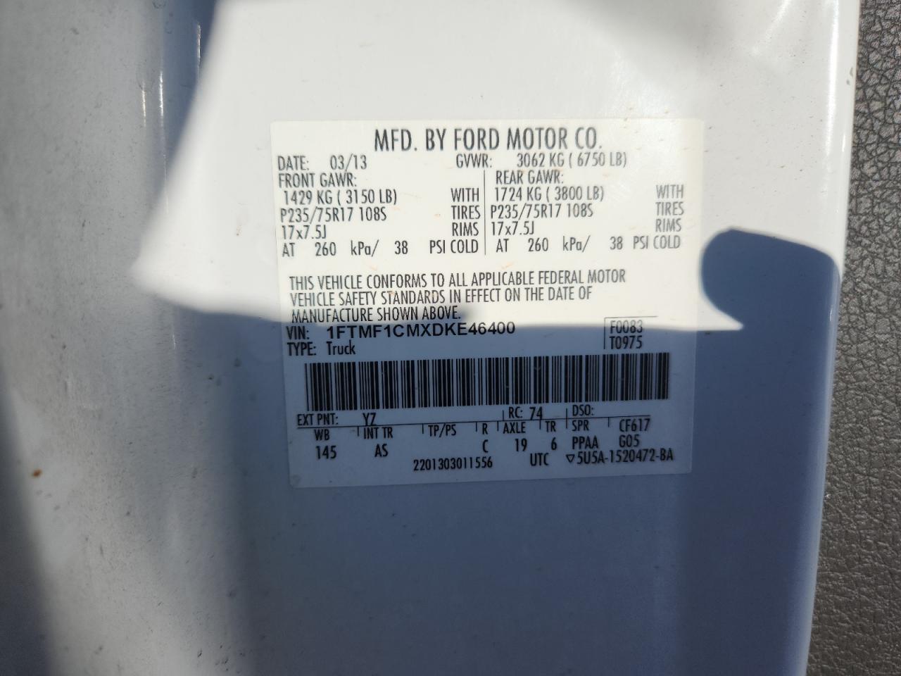 2013 Ford F150 VIN: 1FTMF1CMXDKE46400 Lot: 85738525