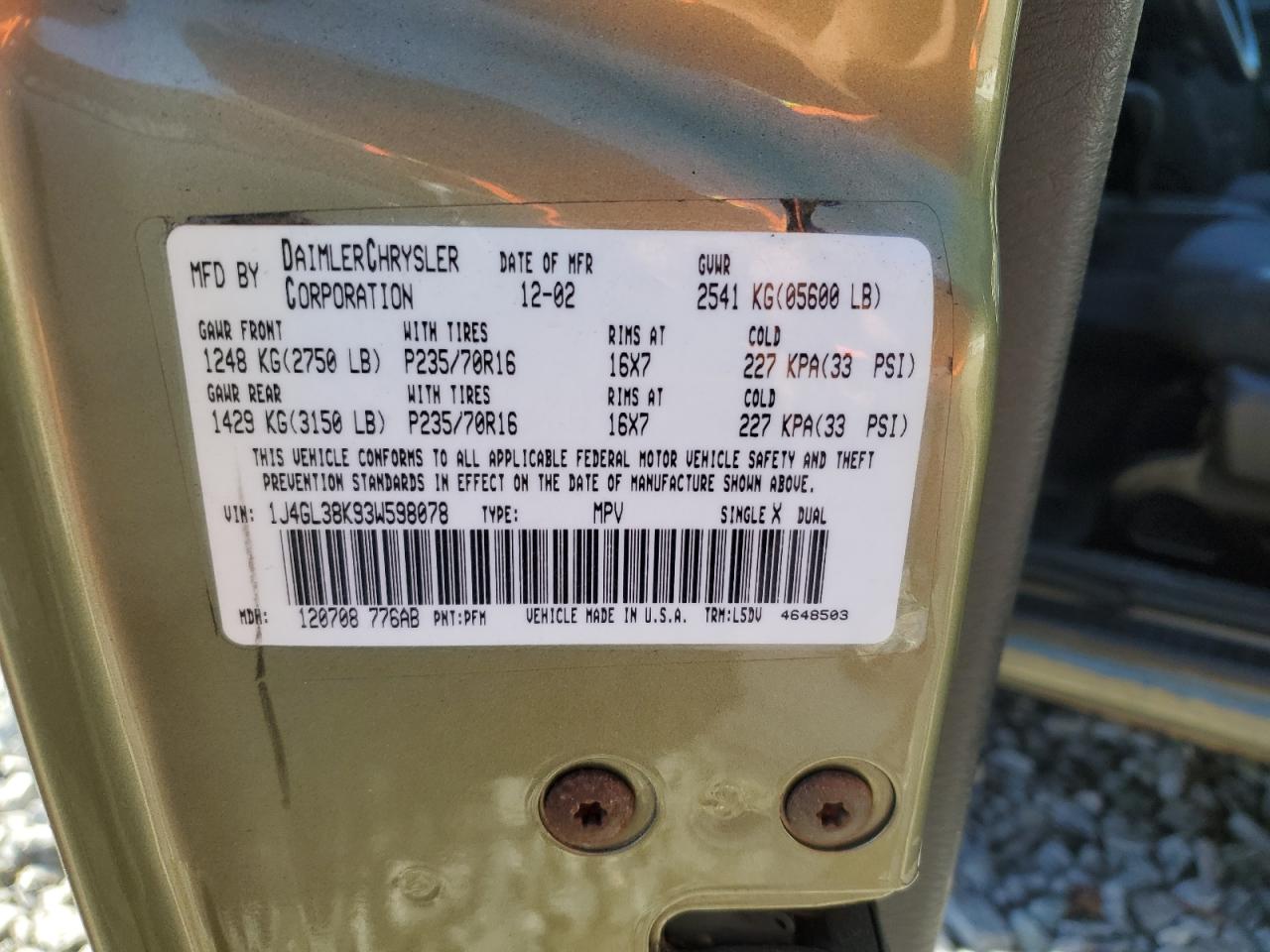 2003 Jeep Liberty Renegade VIN: 1J4GL38K93W598078 Lot: 85268655