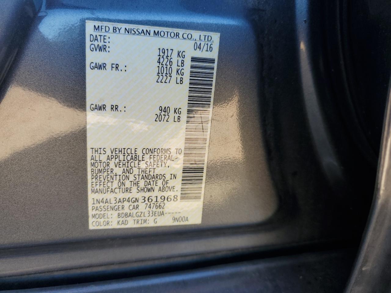 2016 Nissan Altima 2.5 VIN: 1N4AL3AP4GN361968 Lot: 82495325