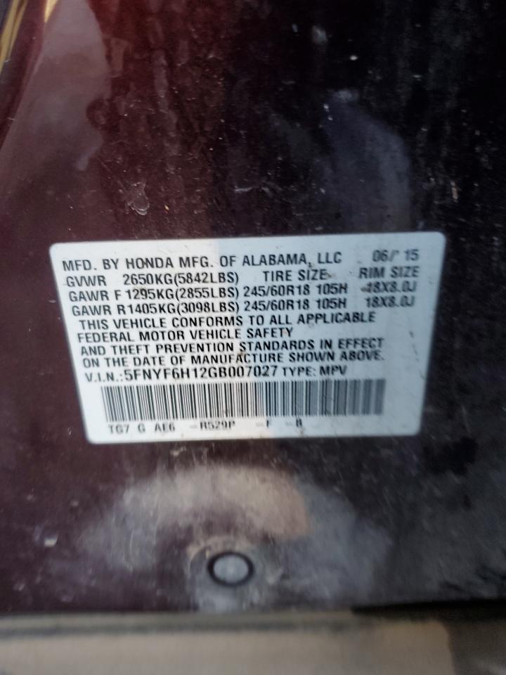 2016 Honda Pilot Lx VIN: 5FNYF6H12GB007027 Lot: 90627105