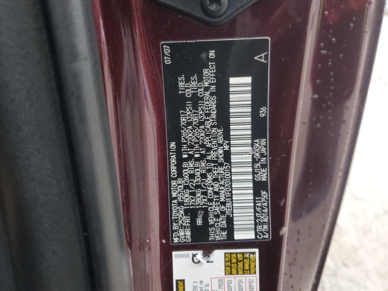 2007 Toyota Fj Cruiser VIN: JTEBU11F070100157 Lot: 86777945