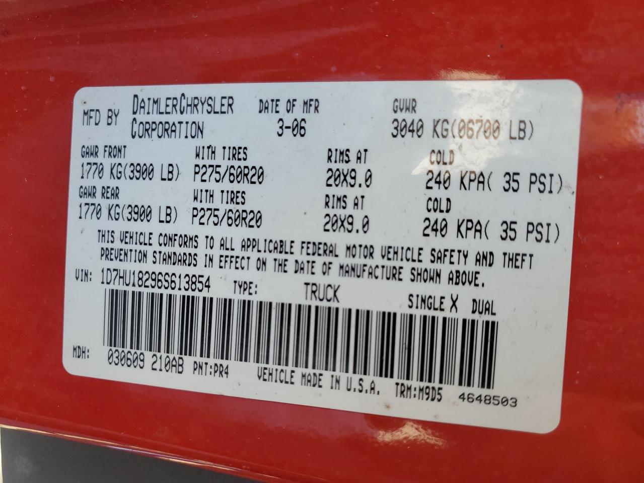 2006 Dodge Ram 1500 St VIN: 1D7HU18296S613854 Lot: 87124825