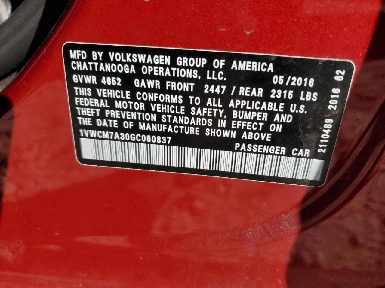 2016 Volkswagen Passat Sel Premium VIN: 1VWCM7A30GC060837 Lot: 81757825