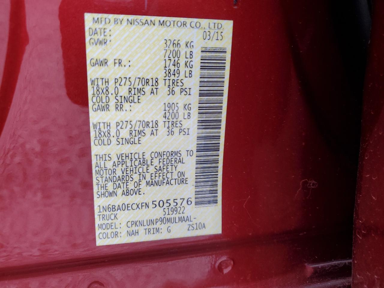 2015 Nissan Titan S VIN: 1N6BA0ECXFN505576 Lot: 85187015