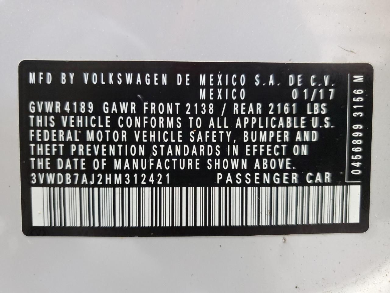 2017 Volkswagen Jetta Se VIN: 3VWDB7AJ2HM312421 Lot: 85179585