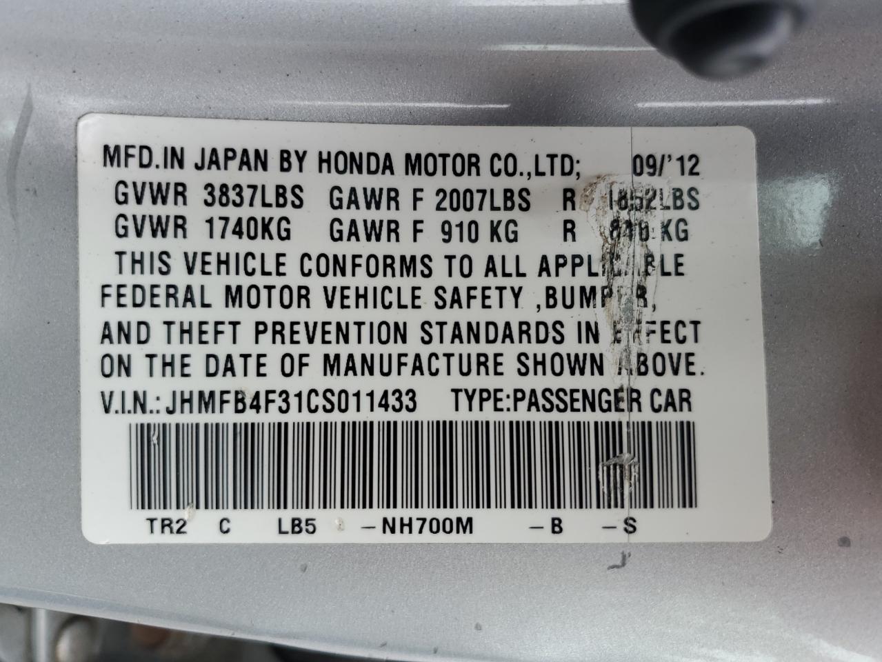 2012 Honda Civic Hybrid L VIN: JHMFB4F31CS011433 Lot: 86444825
