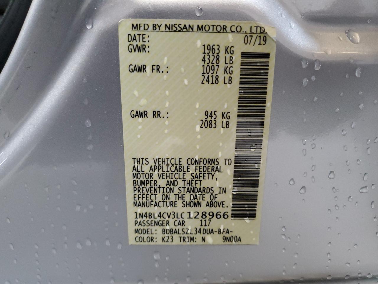 2020 Nissan Altima Sr VIN: 1N4BL4CV3LC128966 Lot: 86303985