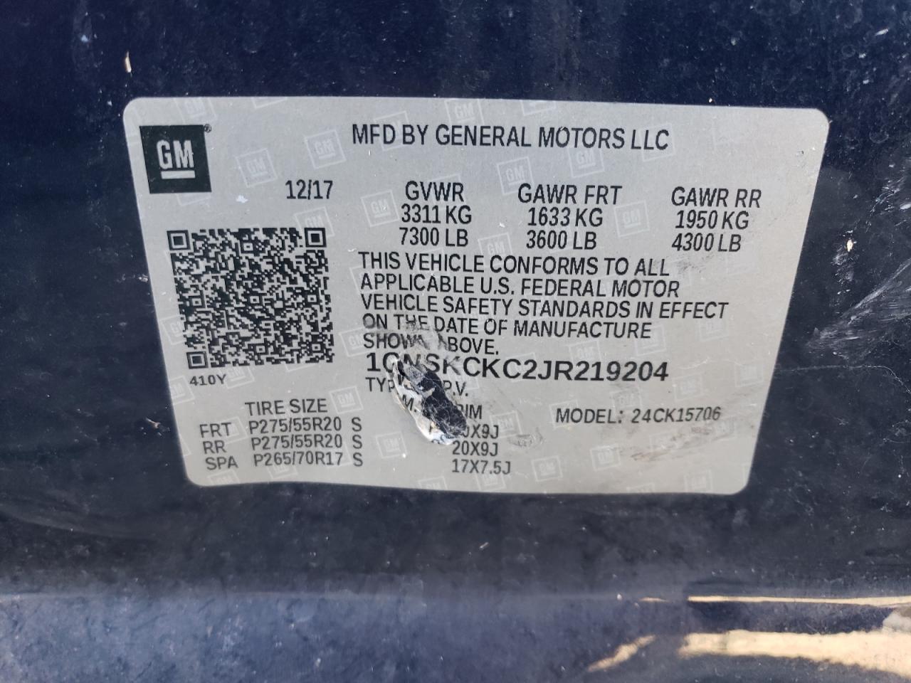 2018 Chevrolet Tahoe K1500 Premier VIN: 1GNSKCKC2JR219204 Lot: 87224695