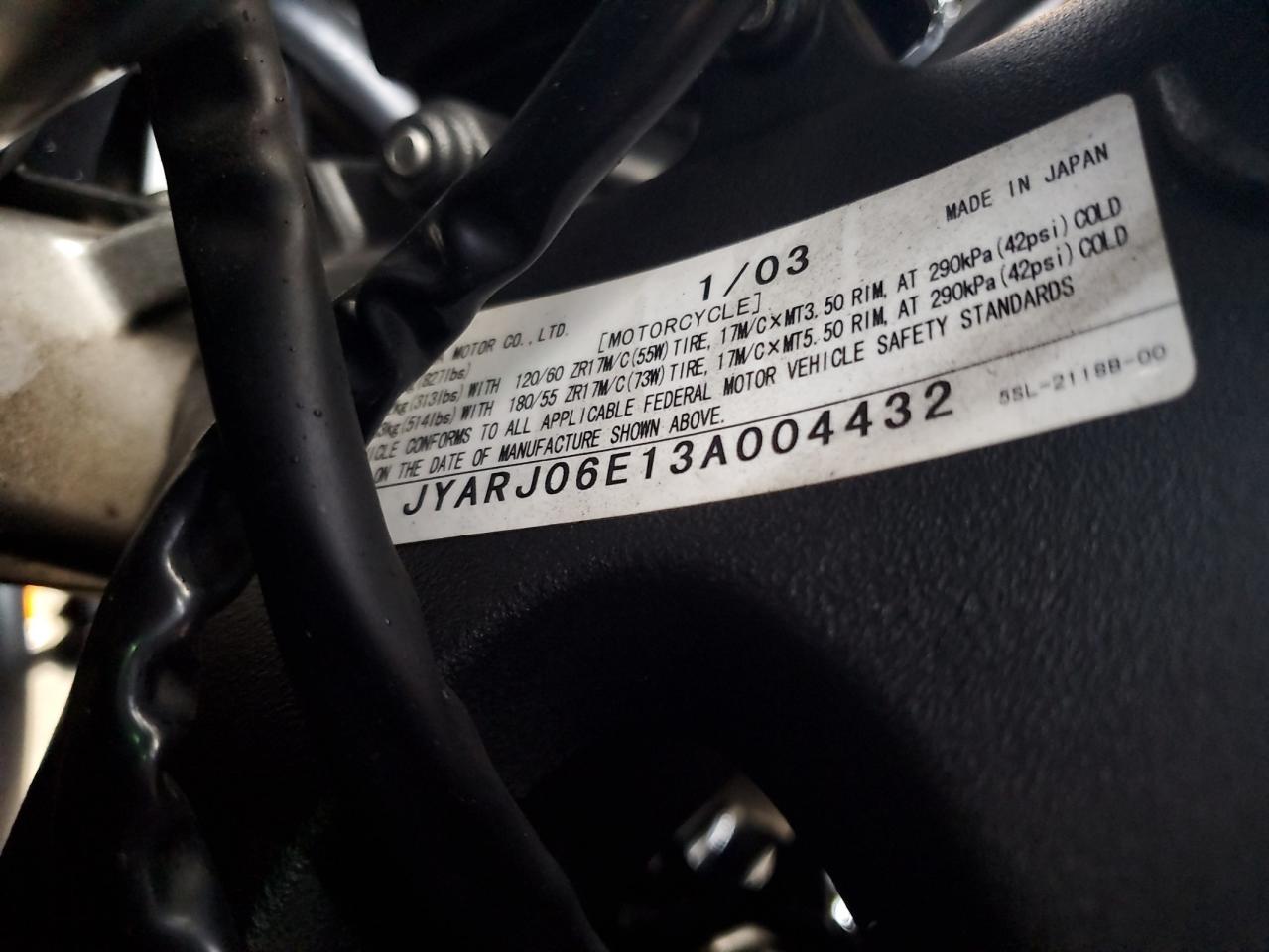 2003 Yamaha Yzfr6 L VIN: JYARJ06E13A004432 Lot: 86493675