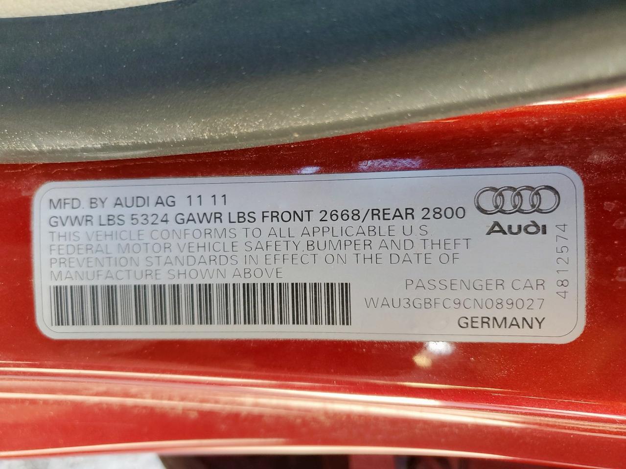 2012 Audi A7 Prestige VIN: WAU3GBFC9CN089027 Lot: 85149675