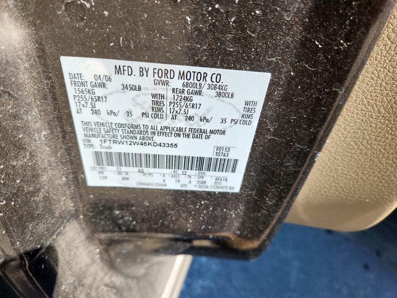 2006 Ford F150 Supercrew VIN: 1FTRW12W46KD43355 Lot: 86097255