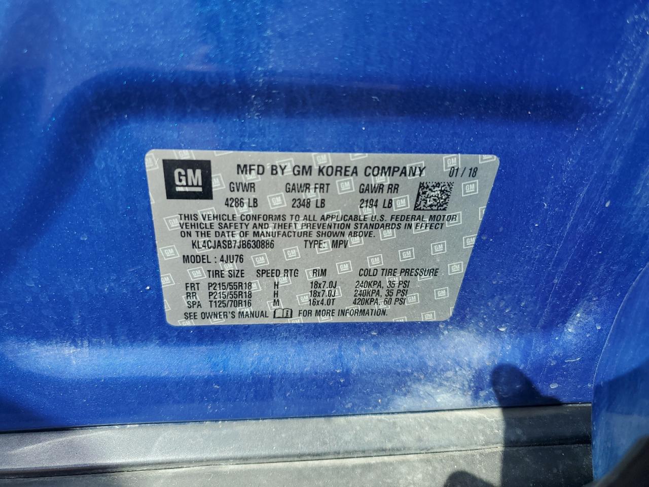 2018 Buick Encore Preferred VIN: KL4CJASB7JB630886 Lot: 85520805