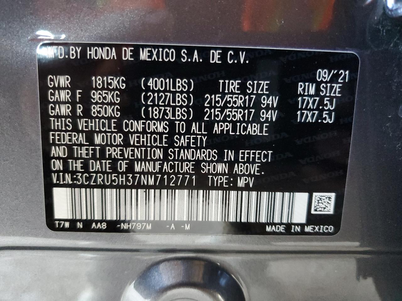 2022 Honda Hr-V VIN: 3CZRU5H37NM712771 Lot: 84784145