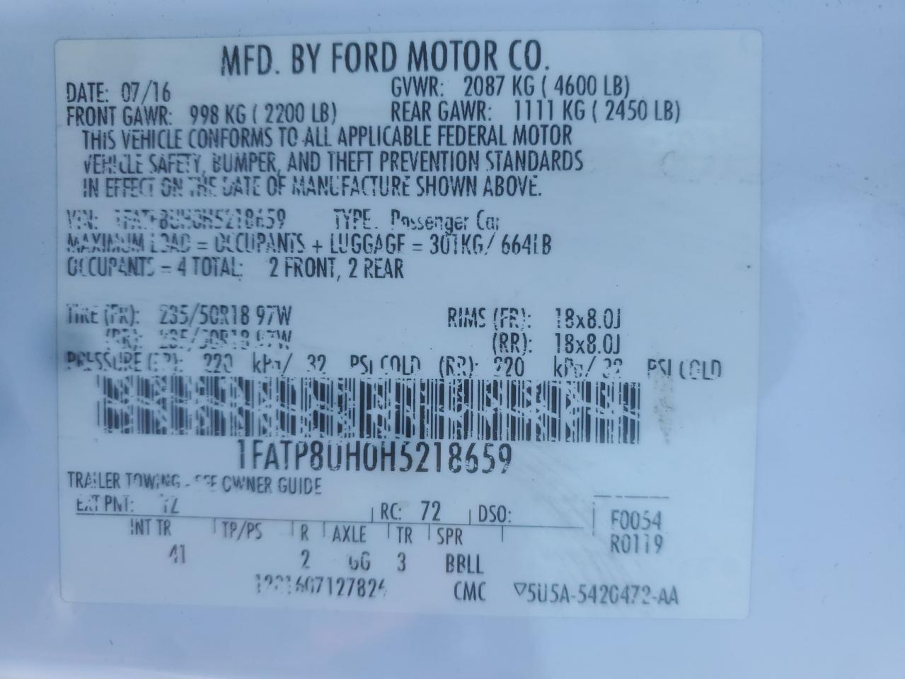 2017 Ford Mustang VIN: 1FATP8UH0H5218659 Lot: 82588335