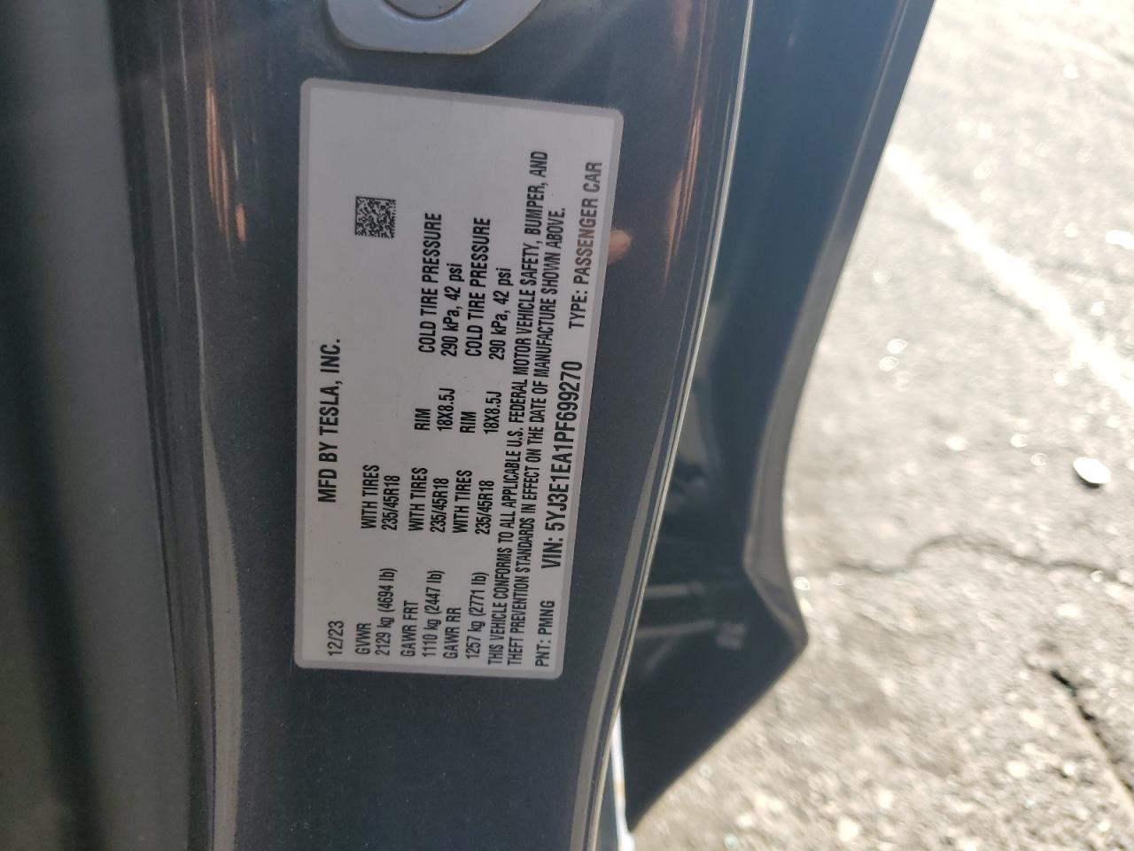 2023 Tesla Model 3 VIN: 5YJ3E1EA1PF699270 Lot: 84962325