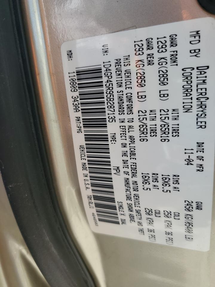 2005 Dodge Caravan Sxt VIN: 1D4GP45R95B287135 Lot: 85000655