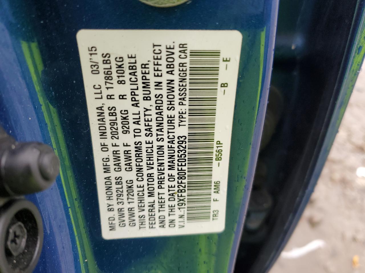 2015 Honda Civic Ex VIN: 19XFB2F80FE053293 Lot: 86151045