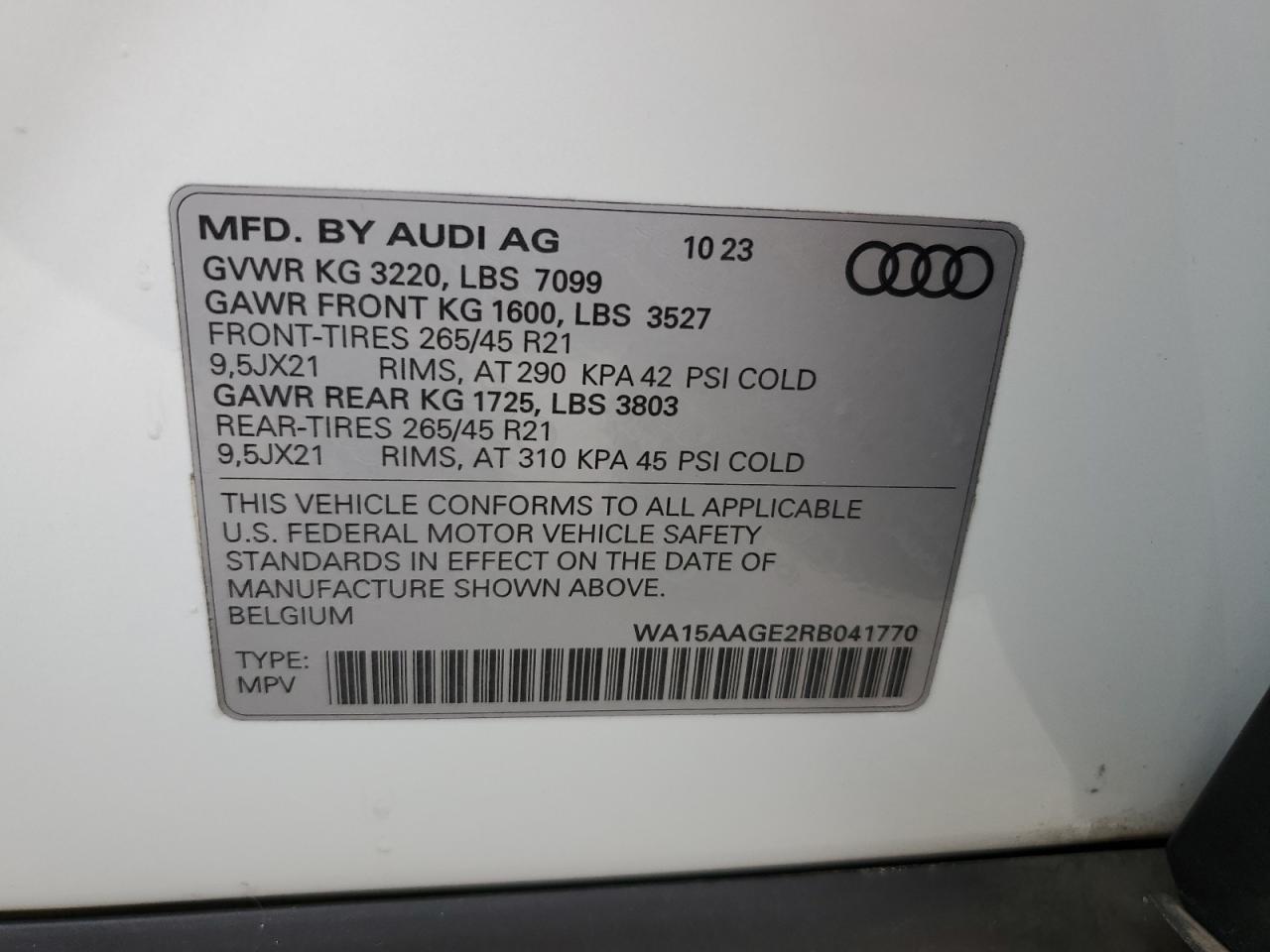 2024 Audi Q8 E-Tron Premium Plus VIN: WA15AAGE2RB041770 Lot: 86672695