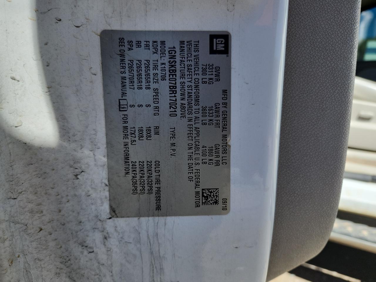 2011 Chevrolet Tahoe K1500 Lt VIN: 1GNSKBE07BR170210 Lot: 84301485