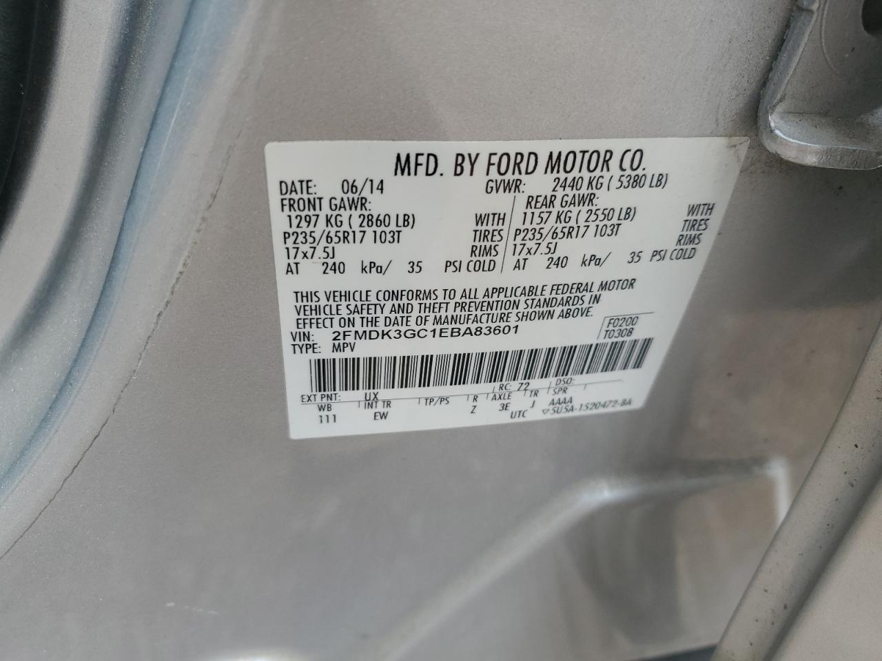 2014 Ford Edge Se VIN: 2FMDK3GC1EBA83601 Lot: 82398685