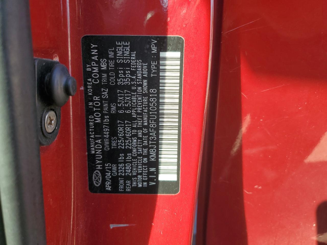 2015 Hyundai Tucson Gls VIN: KM8JT3AF8FU105818 Lot: 85320375