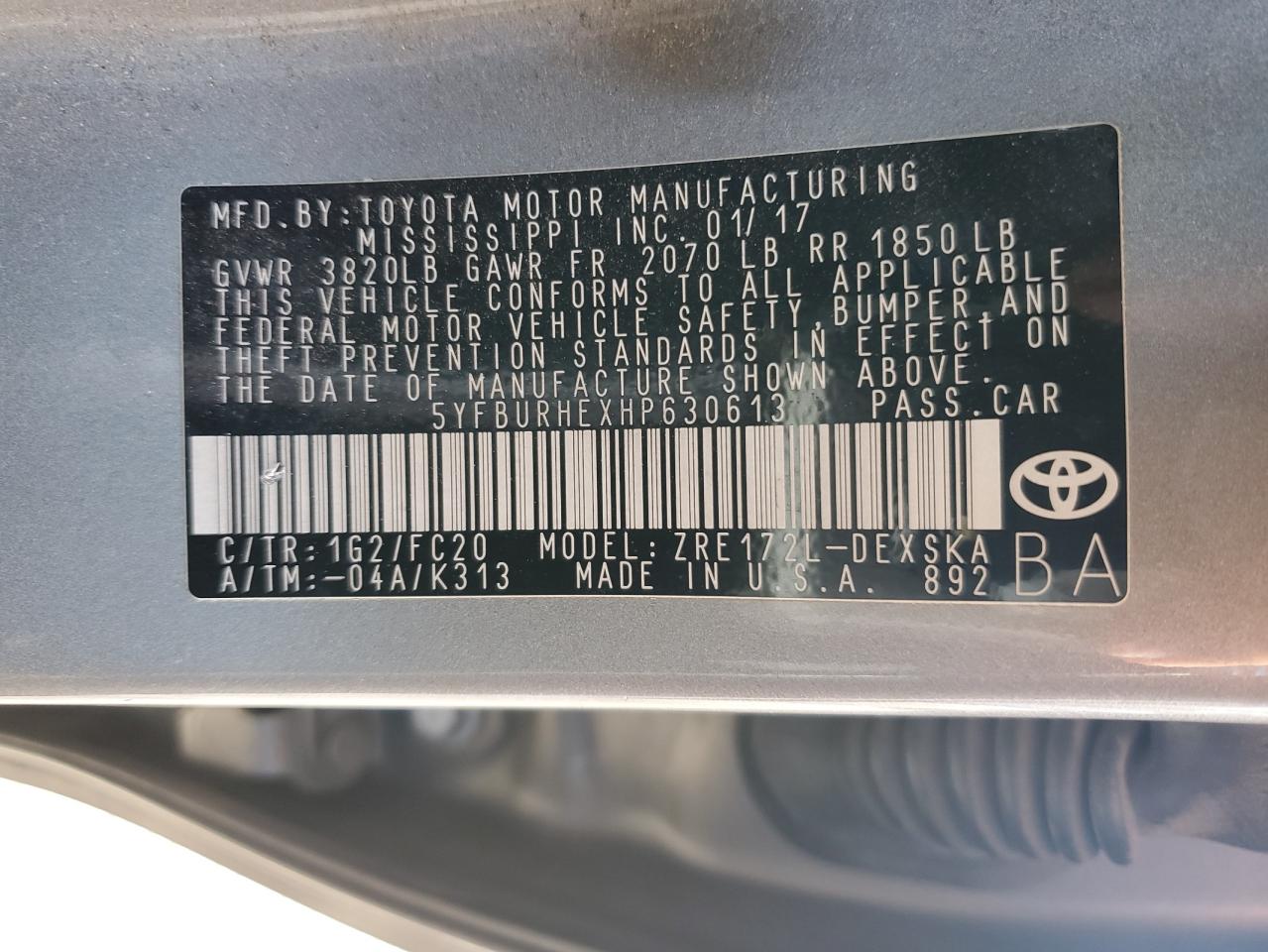 2017 Toyota Corolla L VIN: 5YFBURHEXHP630613 Lot: 81975835