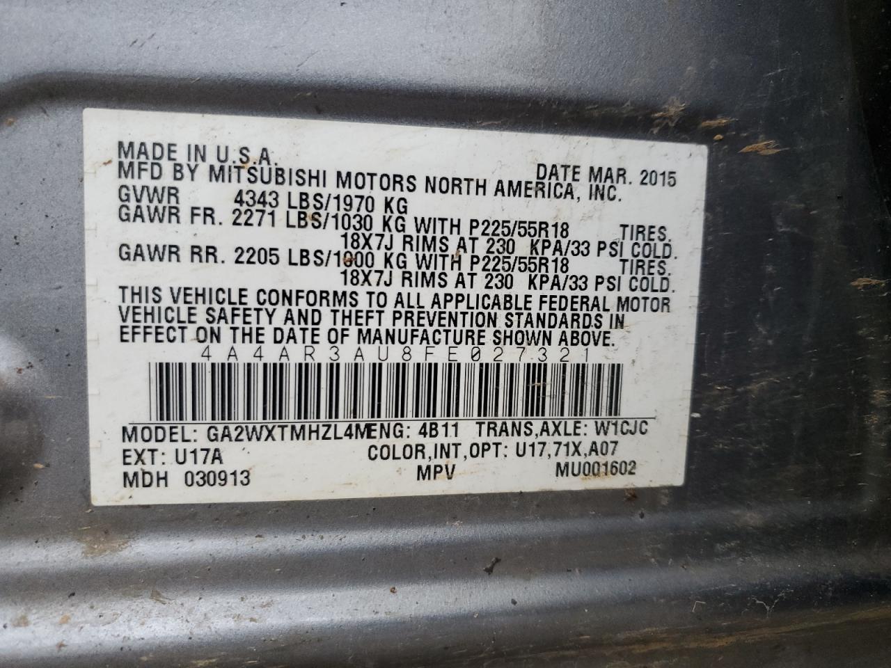 2015 Mitsubishi Outlander Sport Es VIN: 4A4AR3AU8FE027321 Lot: 85143685