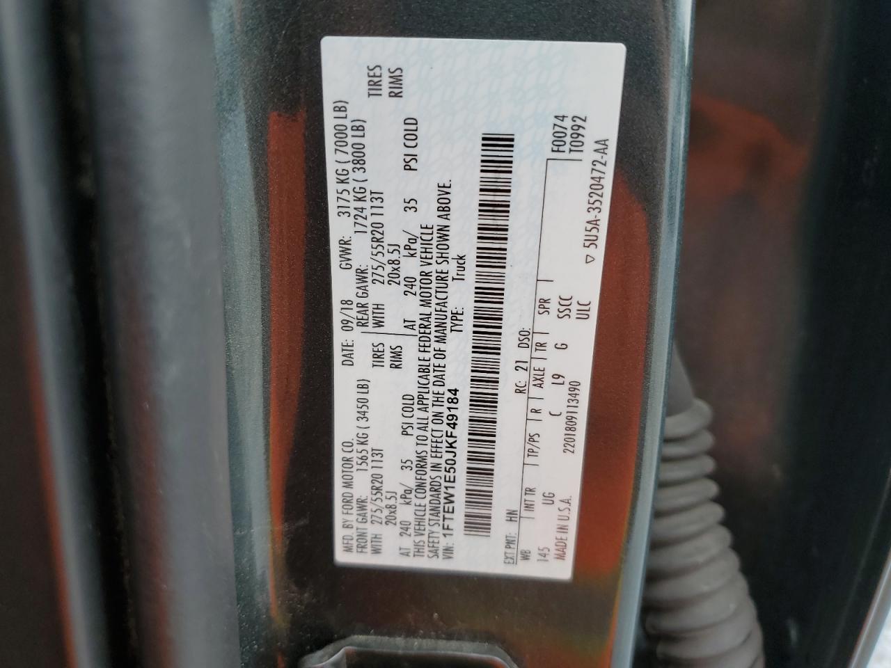 2018 Ford F150 Supercrew VIN: 1FTEW1E50JKF49184 Lot: 82239125