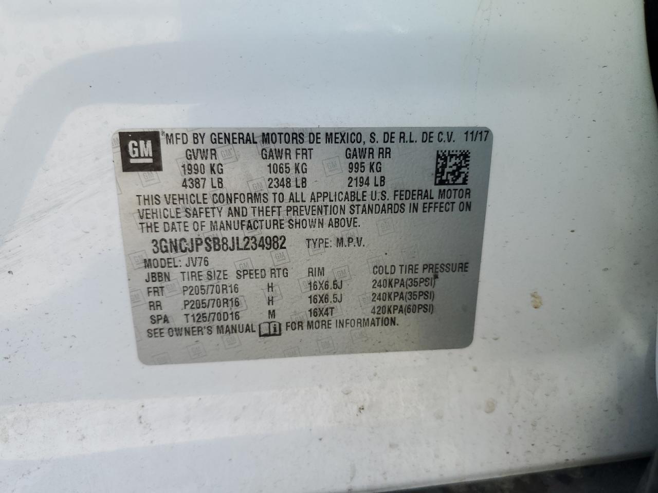 2018 Chevrolet Trax 1Lt VIN: 3GNCJPSB8JL234982 Lot: 84293295