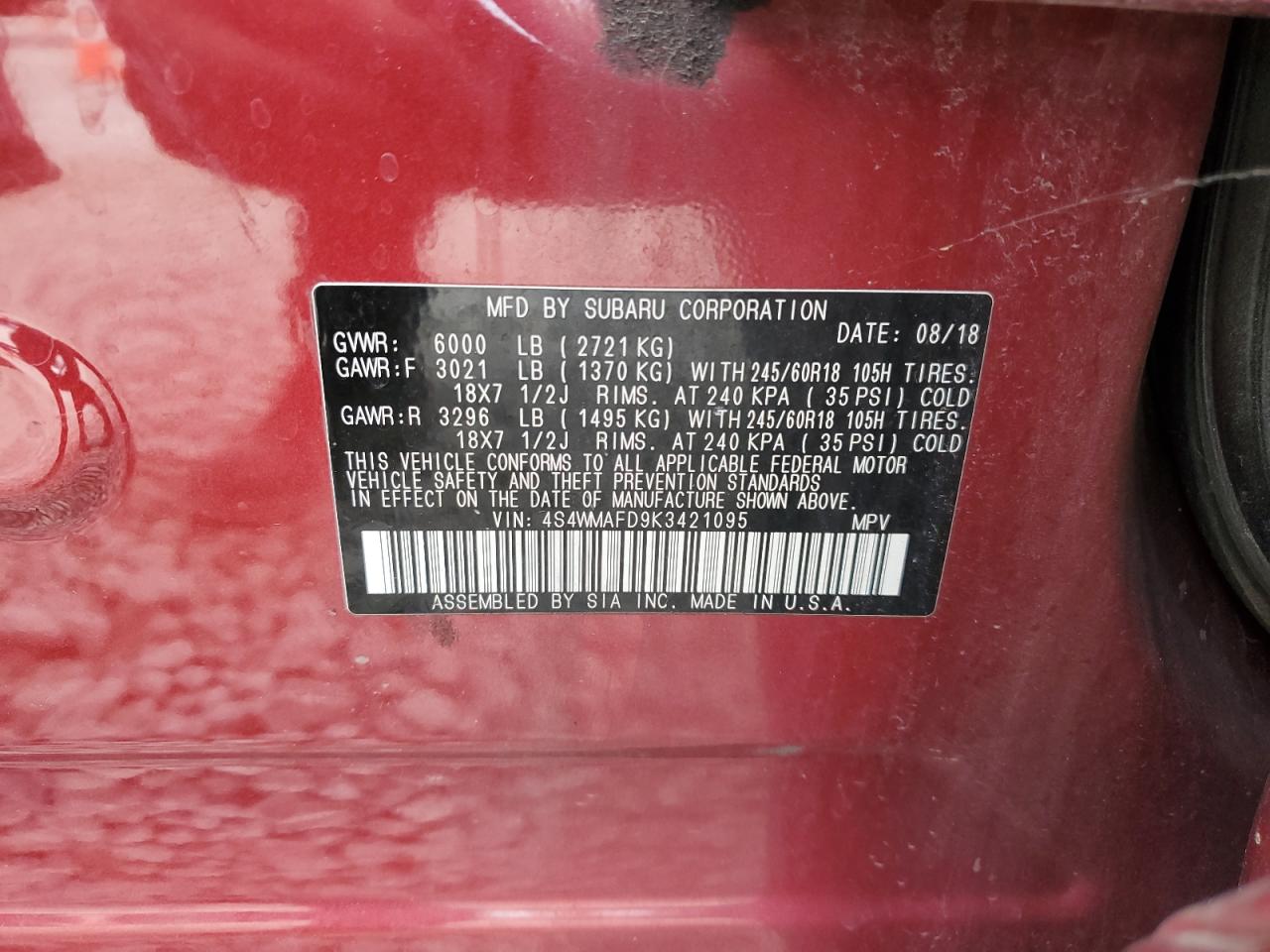 2019 Subaru Ascent Premium VIN: 4S4WMAFD9K3421095 Lot: 90124985