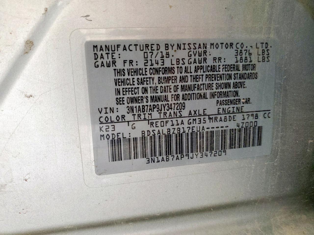 2018 Nissan Sentra S VIN: 3N1AB7AP9JY347209 Lot: 82280565